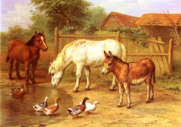 エドガー・ハント Painting - 農場の家禽家畜小屋にいるポニーのロバとアヒル エドガー・ハント